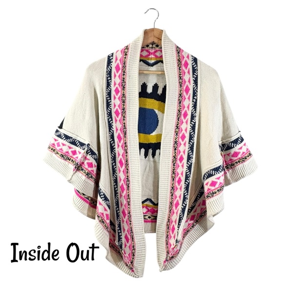 Evil Eye Poncho One Size Cream Pink Multicolor Boho Sweater Knit Wrap Shawl - Picture 11 of 13